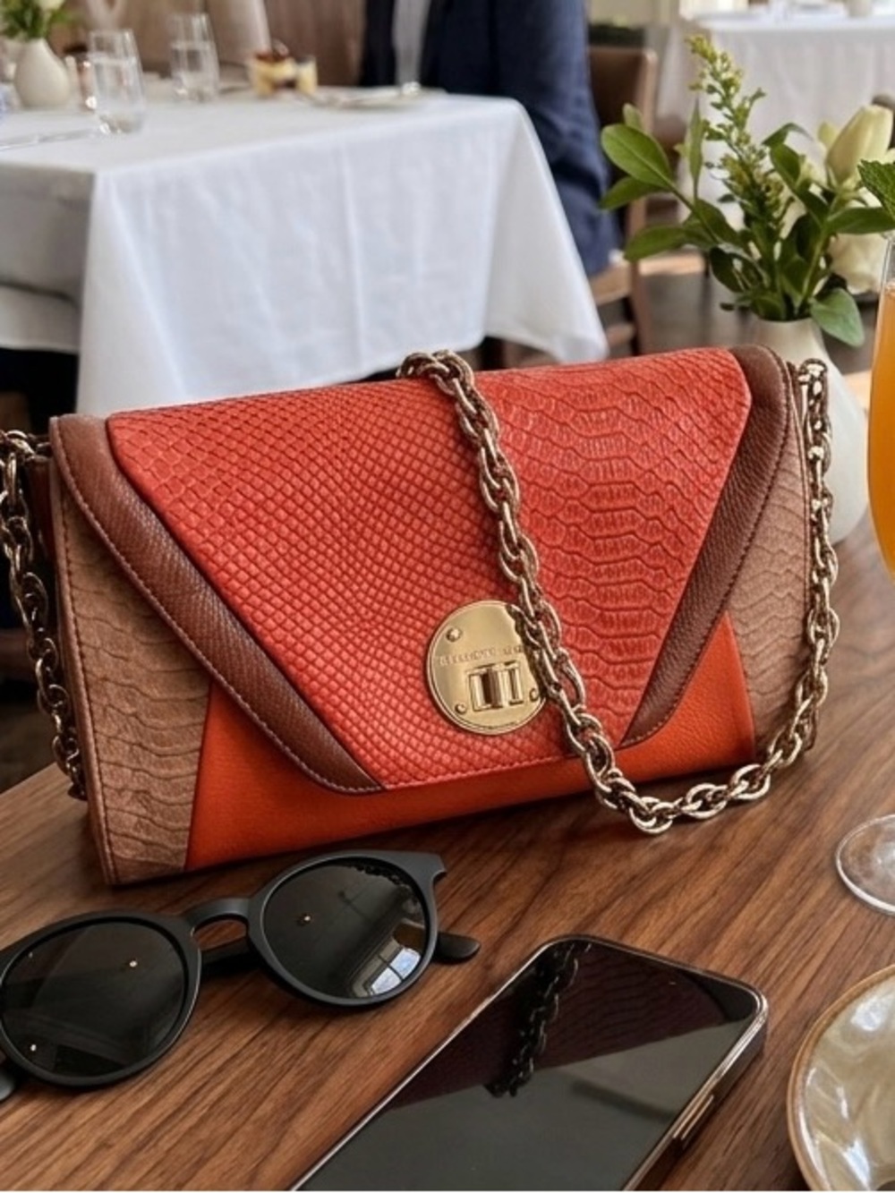 Elliott Lucca Orange and Tan Textured Chain Shoulder Bag